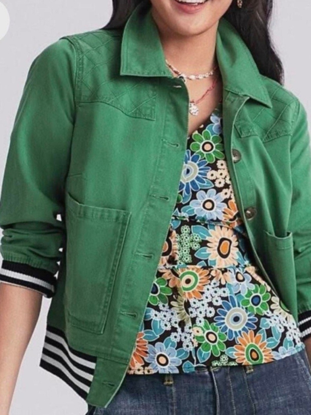 CAbi NWOT S Bright Green Bomber Jacket with Stripe Trim
